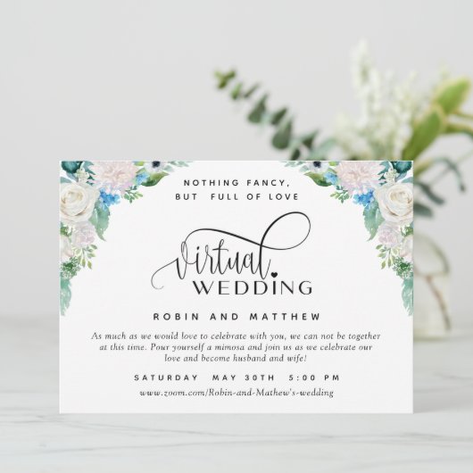 白と緑のフローラのオンライン結婚仮想 招待状 (スタンド正面)