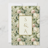 白と緑のフローラアラビア語と英結婚語 招待状 (裏面)