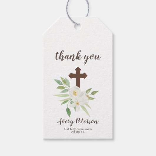 白と緑のフローラクロスファースト聖餐式 ギフトタグ (正面)