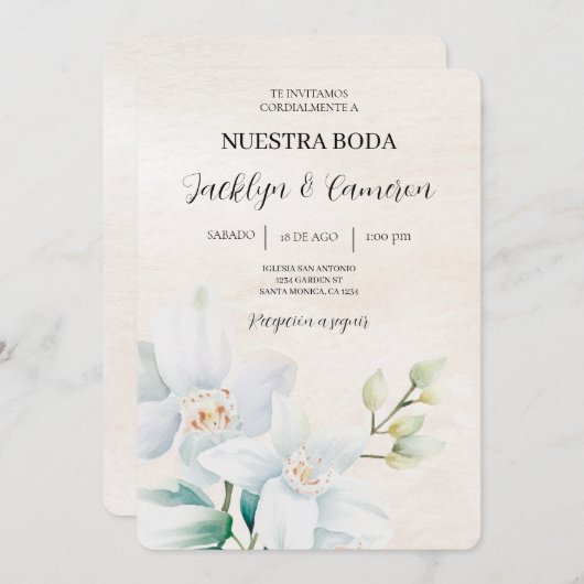 白と緑のフローラスペインののベージュ 招待状 (正面/裏面)