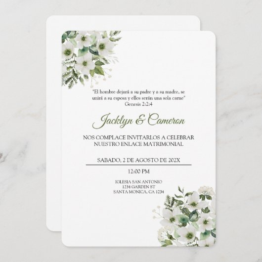 白と緑のフローラスペインの結婚式招待状 招待状 (正面/裏面)