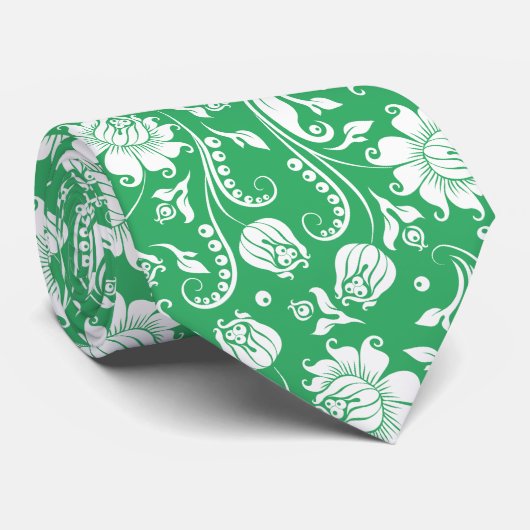 白と緑のフローラダマスク模様ネックタイ ネクタイ (ロール)