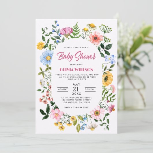 白と緑のフローラフレーム赤ちゃんシャワー 招待状 (スタンド正面)