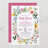 白と緑のフローラフレーム赤ちゃんシャワー 招待状 (正面/裏面)