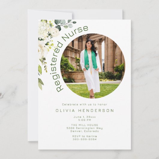 白と緑のフローラ写真の卒業 招待状 (正面)