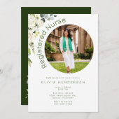 白と緑のフローラ写真の卒業 招待状 (正面/裏面)