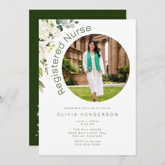 白と緑のフローラ写真の卒業 招待状 (正面/裏面)