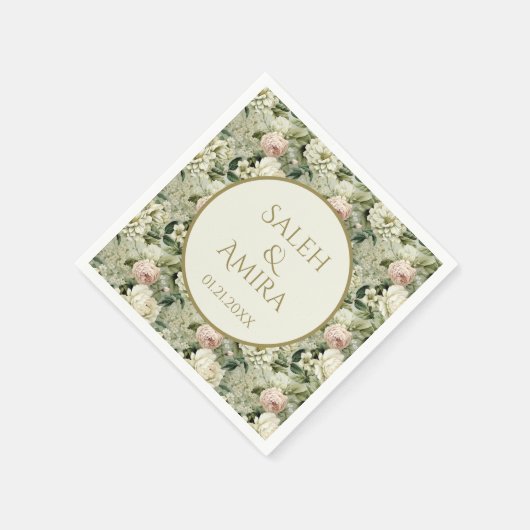 白と緑のフローラ結婚の砂糖クッキー スタンダードカクテルナプキン (角)