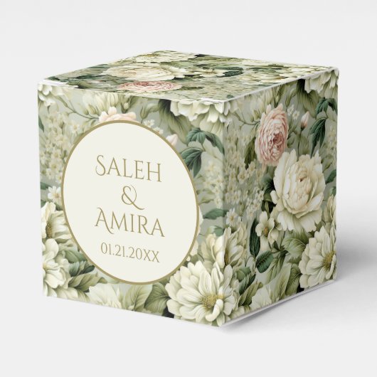 白と緑のフローラ結婚の砂糖クッキー フェイバーボックス (正面サイド)