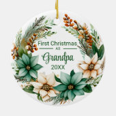 白と緑のポインセチアの初クリスマスの祖父 セラミックオーナメント (裏面)