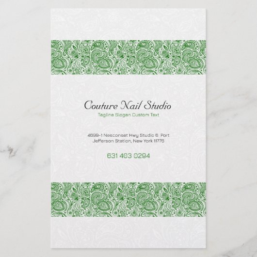 白と緑のヴィンテージ ペイズリー チラシ (正面)