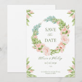 白と緑の水彩画 Save the Date 招待状 (正面/裏面)