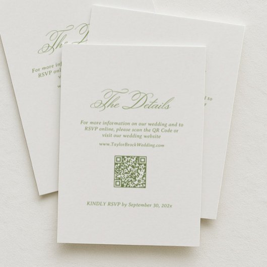 白と緑の結婚式の詳細 RSVP QRコード エンクロージャーカード