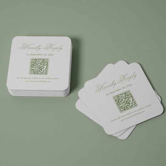 白と緑の結婚式RSVP QRコード エンクロージャーカード