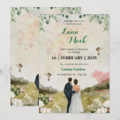 白と緑の花のウェディング招待状 招待状 (正面/裏面)