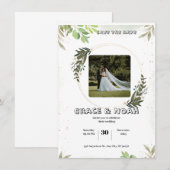 白と緑の花の水彩イラストのウェディングデー 招待状 (正面/裏面)