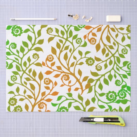 白と緑の花模様渦巻形のニースシンプル 薄葉紙 (クラフト)