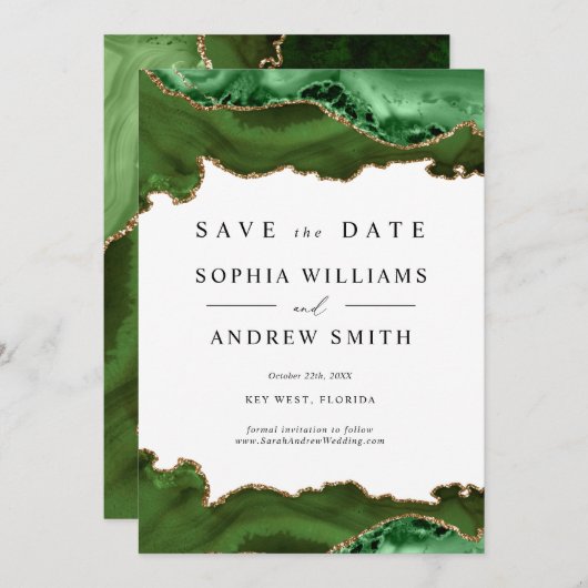 白と緑の金ゴールド日付の保存 招待状 (正面/裏面)