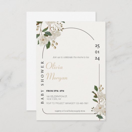 白と茶色のシンプルかわいいフローラ赤ちゃんシャワー 招待状 (正面/裏面)