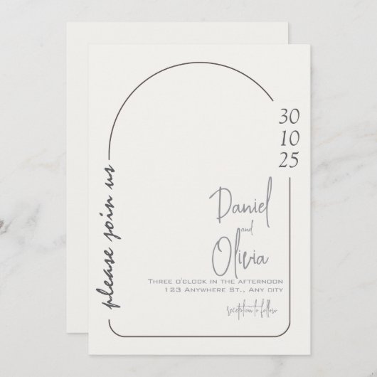 白と茶色のシンプル結婚 招待状 (正面/裏面)