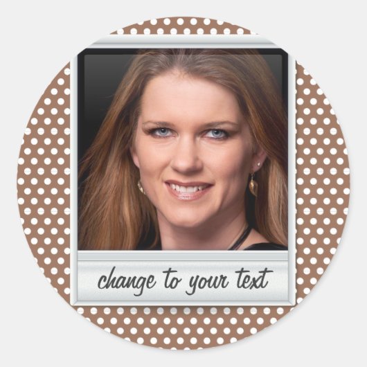 白と茶色のフォトフレーム水玉模様 ラウンドシール (正面)