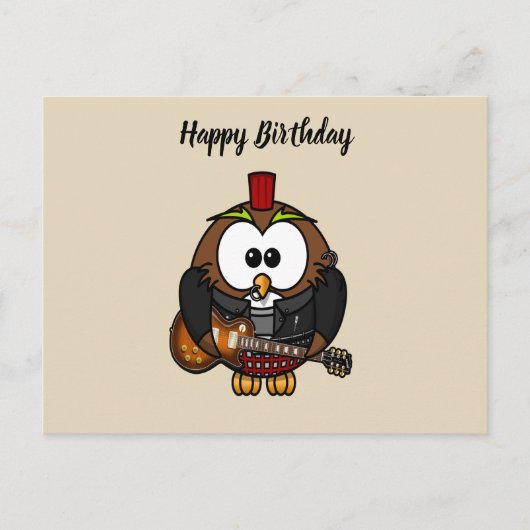 白と茶色のフクロウ遊は赤い帽子のギターだ ポストカード (正面)