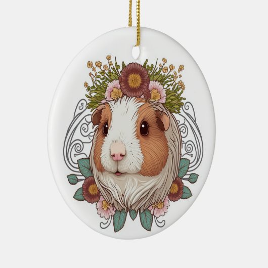 白と茶色のモルモットと花セラミックコーン セラミックオーナメント (右)