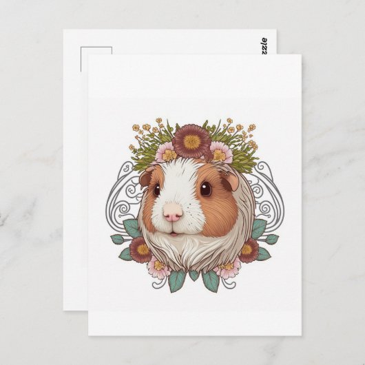 白と茶色のモルモットと花 ポストカード (正面/裏面)