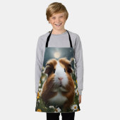 白と茶色のモルモットの月とデイジー エプロン (着用した状態)