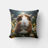 白と茶色のモルモットの月とデイジー クッション (正面)