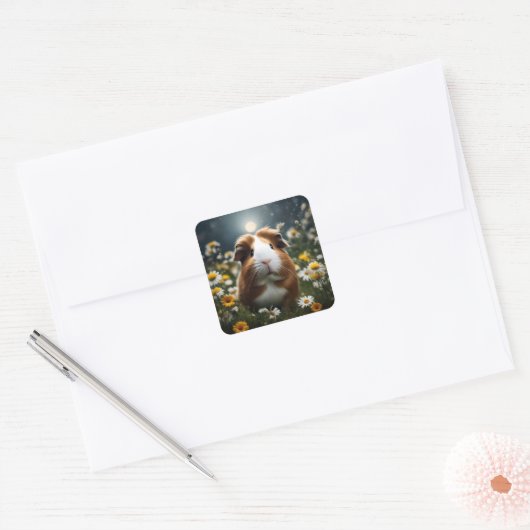 白と茶色のモルモットの月とデイジー スクエアシール (封筒)