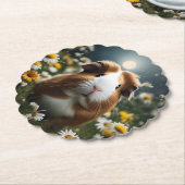 白と茶色のモルモットの月とデイジー ペーパーコースター (アングル)