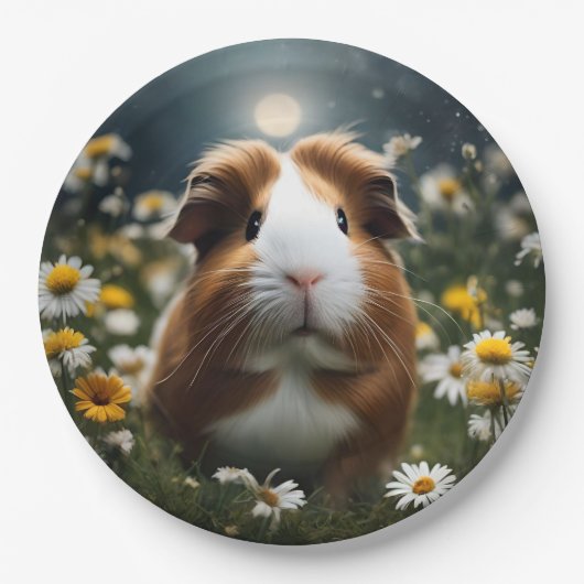 白と茶色のモルモットの月とデイジー ペーパープレート (正面)
