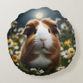 白と茶色のモルモットの月とデイジー ラウンドクッション (裏面)