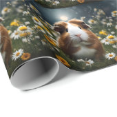 白と茶色のモルモットの月とデイジー ラッピングペーパー (ロールコーナー)