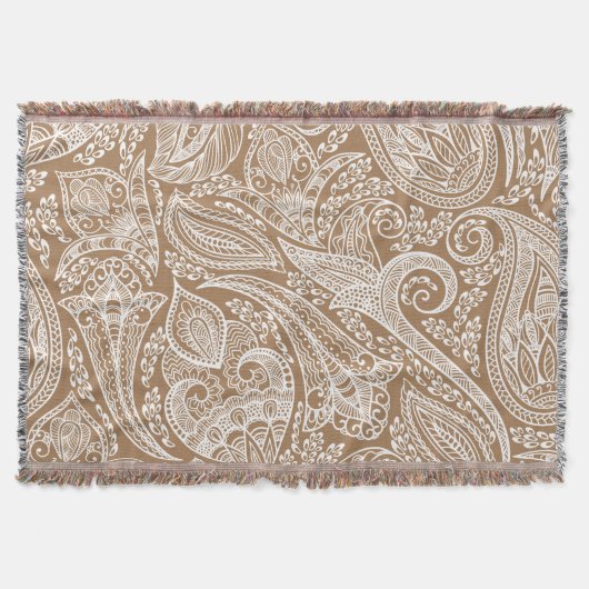 白と茶色のヴィンテージフローラペイズリー スローブランケット (正面)
