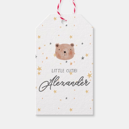 白と茶色の水色かわいい赤ちゃんシャワー ギフトタグ (正面)