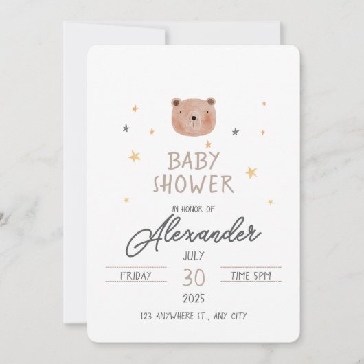 白と茶色の水色かわいい赤ちゃんシャワー 招待状 (正面)