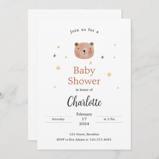 白と茶色の水色かわいい赤ちゃんシャワー 招待状 (正面/裏面)