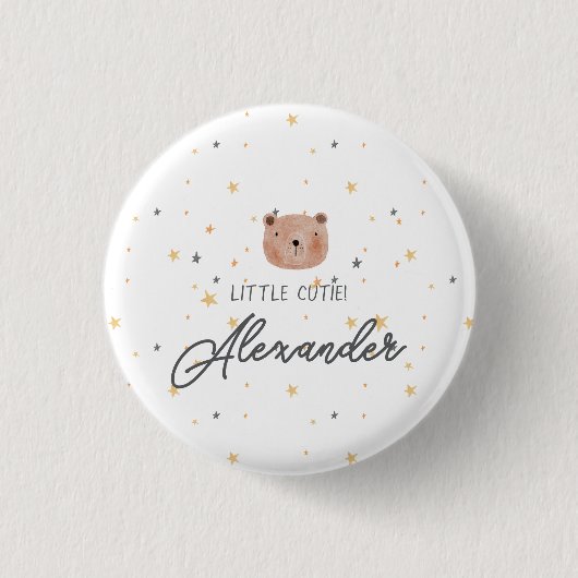 白と茶色の水色かわいい赤ちゃんシャワー 缶バッジ (正面)