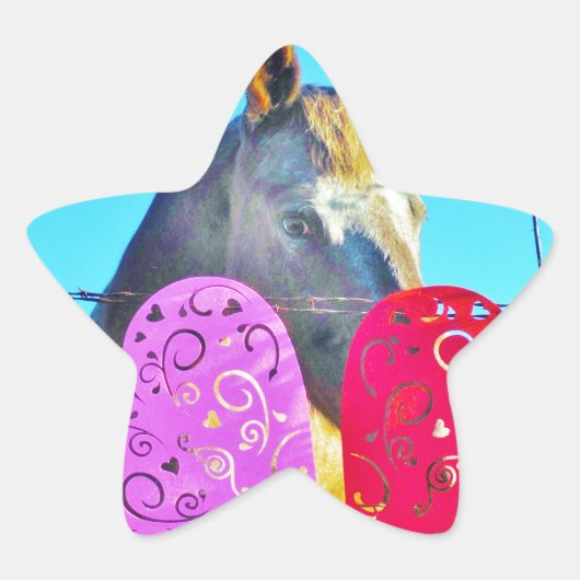 白と茶色の馬のバレンタインハート 星シール (正面)