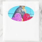 白と茶色の馬のバレンタインハート 楕円形シール (バッグ)