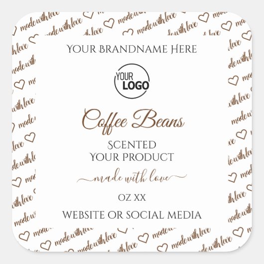 白と茶色のWordクラウド製品ラベルのロゴの追加 スクエアシール (正面)