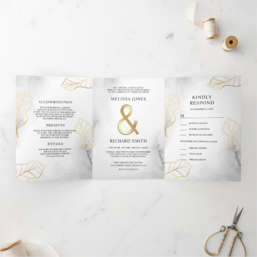 白と葉金ゴールドのアンパサンド結婚すべて 三つ折り招待状 (内部)
