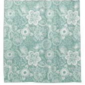 白と薄い緑のレトロな花のパターン シャワーカーテン (正面)