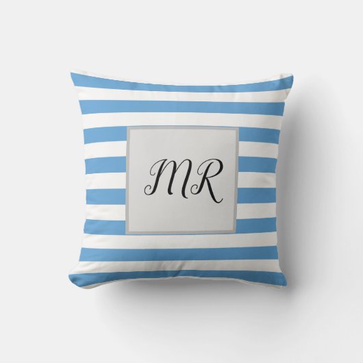 白と薄い青のモノグラストライプのム クッション (正面)
