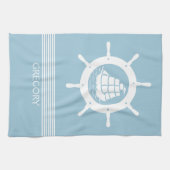 白と赤ちゃん青ストライプのと航海のボートホイール キッチンタオル (横)