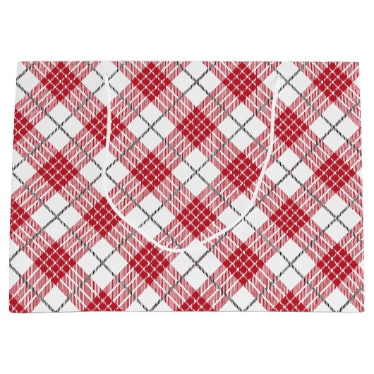 白と赤と灰色のアクセントの格子模様 ラージペーパーバッグ (正面)