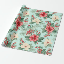 白と赤のクリスマスの水色の花を青に ラッピングペーパー