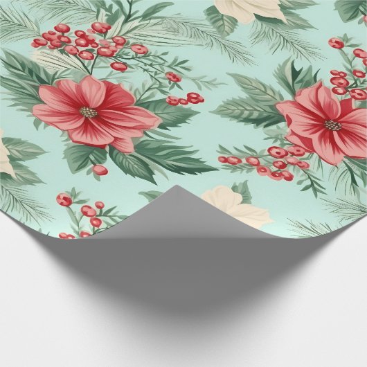 白と赤のクリスマスの水色の花を青に ラッピングペーパー (角)